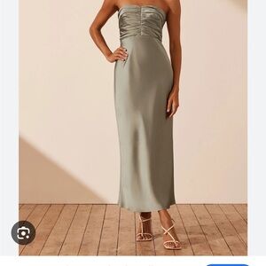 Luxe Strapless Ruched Bodice Midi Dress - Eucalyptus